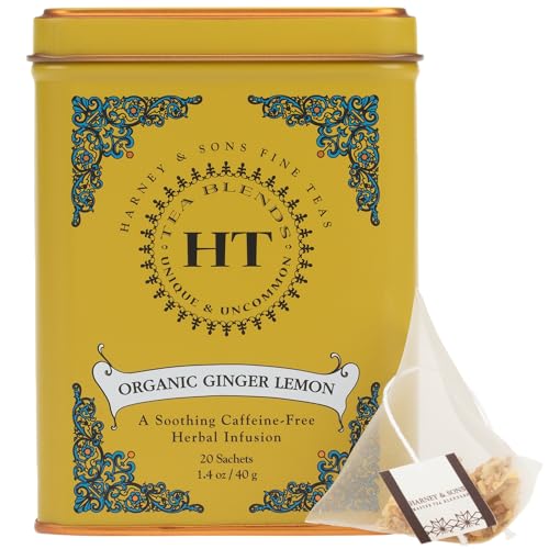 Image of Harney & Sons HT Organic Ginger Lemon Herbal Tea, 20 Sachets in Tin | Organic herbal tea with ginger root, lemon peel and black pepper. Naturally caffeine free.