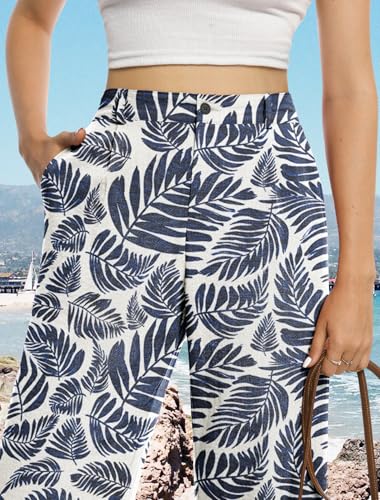 Image of Feiersi Womens Casual Wide Leg Pants High Waisted Button Down Straight Long Trousers Palazzo Pants