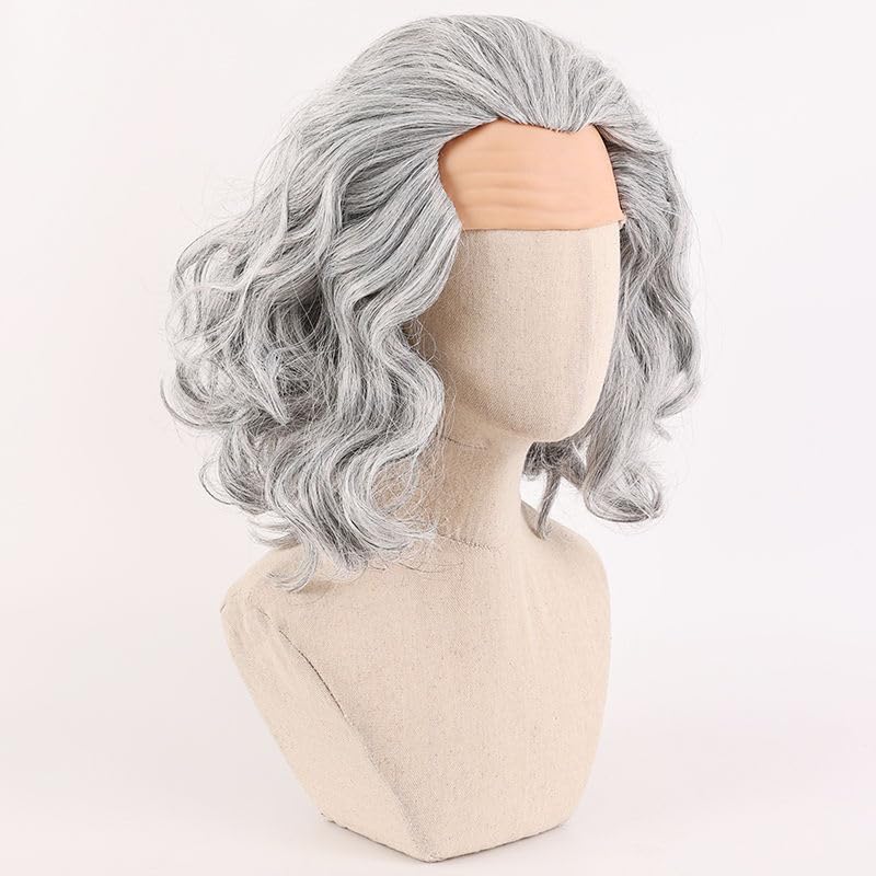 2Pcs Grey Curly Wig for Men Bald Forehead Costume Wig with Gray White Beard Wig Cap Men's Cosplay Synthetic Layered Hair Man Wigs for Costumes Cosplay Halloween Carnival Parties Anime - Image 3