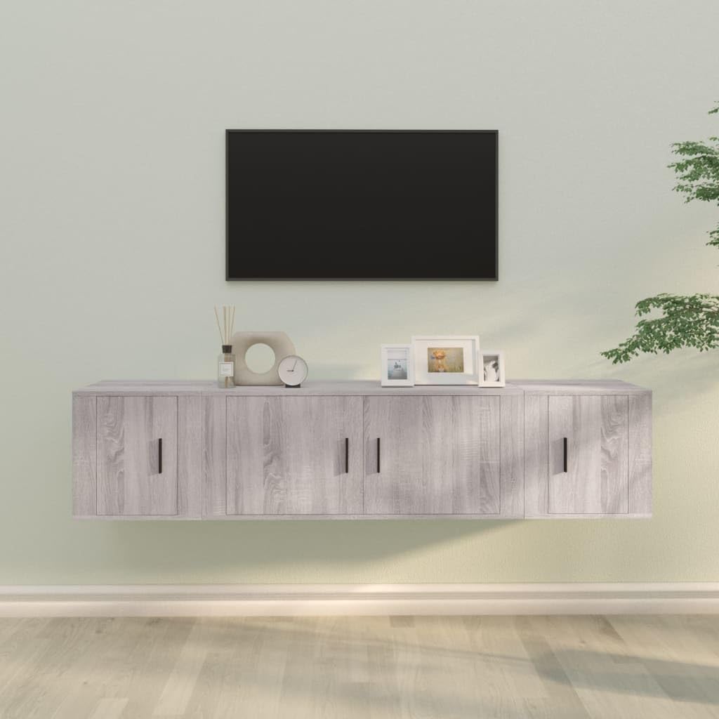 Set di 3 mobili per TV grigio Sonoma, montaggio a parete, in legno