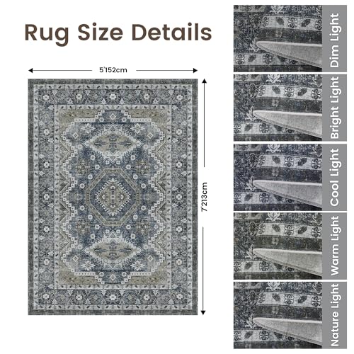 Rugland 5x7 Area Rugs - Stain Resistant Washable Rug, Anti Slip Rugs for Living Room, Vintage Tribal Area Rugs(TPR07-Navy, 5'x7')