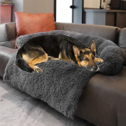 Image of Calming Dogs /Cats Bed Mats, Dog Pad Washable Removable Couch Cover, Plush Long Fur Mat for Pets, Waterproof Lining, Perfect for Small, Medium and Large Dogs and Cats (Dark Gray, 45 inchx37 inch)