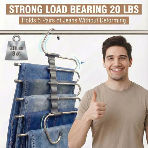 Image of Pants Hangers Space Saving, 5 Tier Jeans Hanger for Closet, Black Multiple Heavy Duty Stainless Steel Pant Rack for Trousers, Legging with 20 Clips (4 Pack)