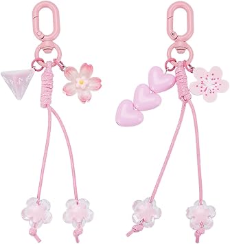 1 Box 2Pcs 2 Styles Flower Purse Charms Pink Cherry Blossom Keychains with Alloy Clasps Cute Sakuras Spring Floral Tassel Car Key Keyring Decor Rope Bag Charm for Purse Handbag Backpack Women