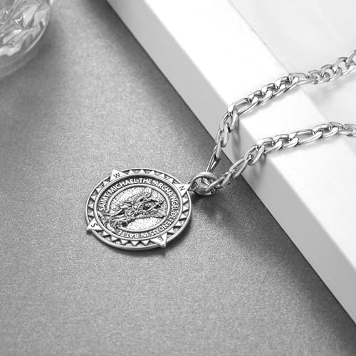 TYSO St Michael Necklace for Men 925 Sterling Silver Archangel Saint Michael Pendant Necklace Compass St Michael Necklace Protect Us Medal Amulet Religious Jewelry Gifts for Men3