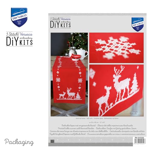 Image of Vervaco Embroidery Christmas Embroidery Kits Cross Stitch Table Runner DIY Set, Tablecloth to Embroider with Image on Cotton and Embroidery Thread, 12 x 42 Inches, Christmas Deers