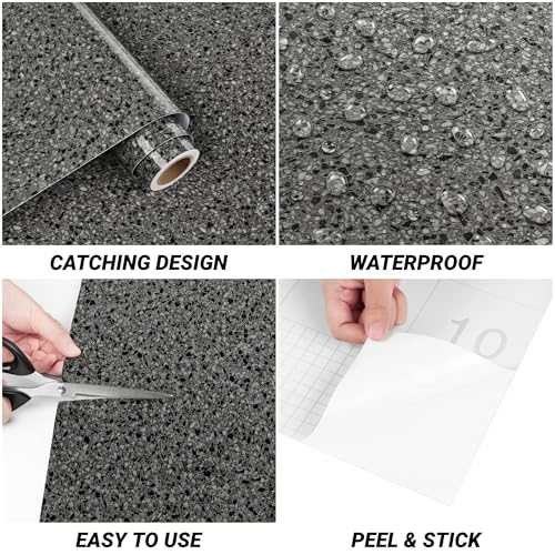 Decotalk Black Granite Contact Paper for Countertops Peel and Stick Waterproof Granite Contact Paper Black Countertop Vinyl Wrap 12x200 Inch Terrazzo Wallpaper for Kitchen Counter Vinyl Wrap by Decotalk - Used condition - Image 7