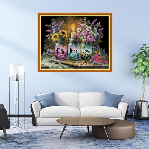 Image of MYBISYMQQ Faith,Hope,Love Cross Stitch Kits, Stamped Cross Stitch Kit for Adult Beginners, Full Line DIY Cross Stitch Stitching Kit for Home Decor Cross Stitch Patterns 15.7x11.8 inches