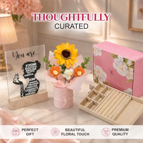 Image of Art Street Rakshabandhan Gift Hamper for Sister with Elegant Crochet Flower Bouquet in Pink Pot, Acrylic Frame with Quote & Velvet Lined Jewelry Box