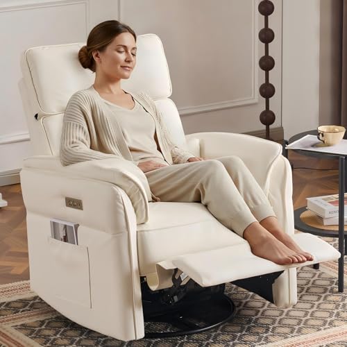 Power Recliner Rocking Chair Nursery Gliders with Adjustable Armrests and Headrest, Swivel Electric Glider Reclining Nursing Chair with USB Port and Storage Bags, FSC Certified(Leather, Beige)