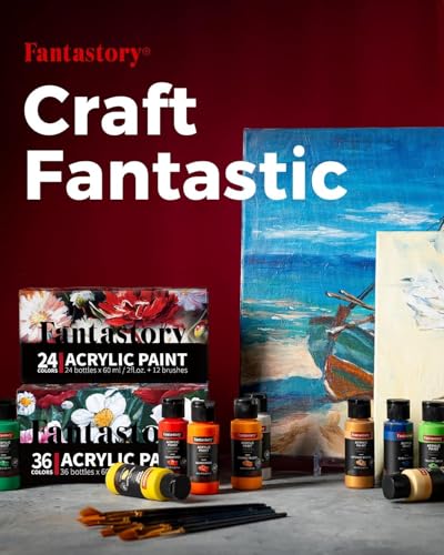 Image of Fantastory 60ml 36 Colors Acrylic Paint Set with 12 Brushes | Professional Series, Thick Paints for Adults, Canvas, Wood, Fabric, Ceramic, Rock Painting