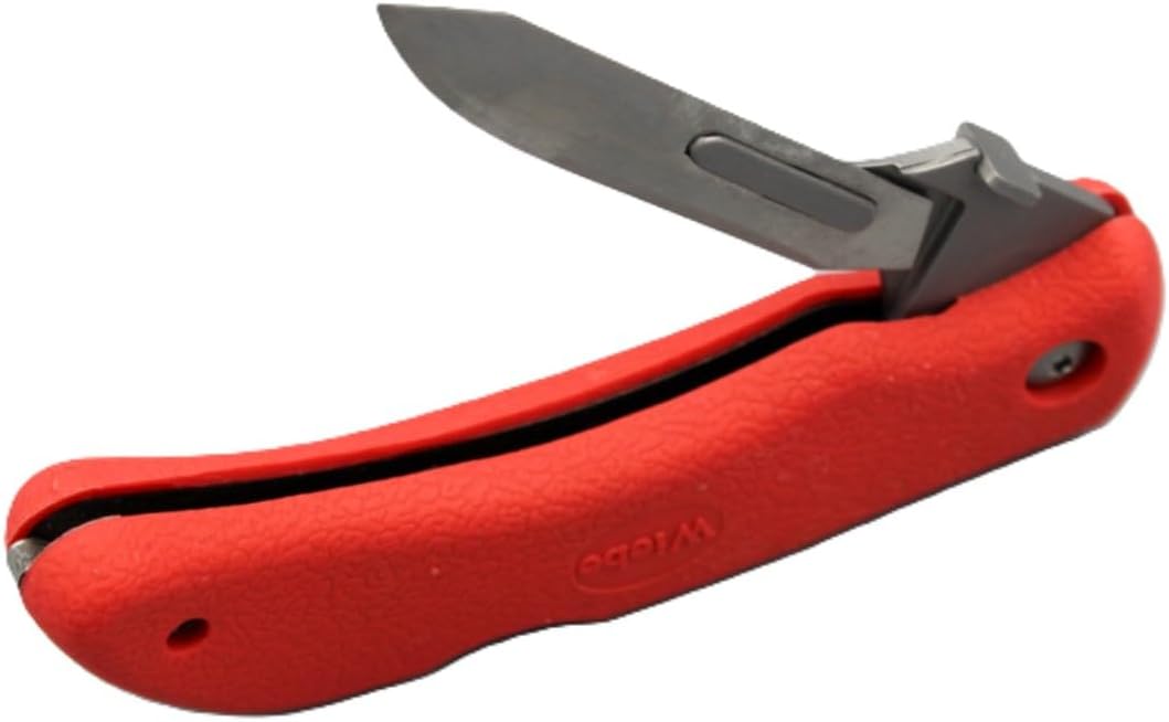 Wiebe Red Fox Folding Skinning Knife - Wicked Sharp Replaceable Scalpel Blades (24 Included) & Sheath - High-Visibility Red No-Slip Comfort Grip - for Hunting & Skinning