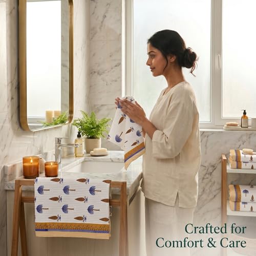 Image of Mafatlal Madhuban Waffle Cotton Set (1 Bath 147x76 cm + 2 Hand 76x38 cm) | 250 GSM | Lightweight, Quick Dry & Hand Printed | Almond Color
