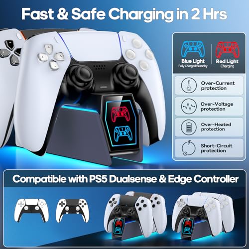 Image of Controller Charger Station Compatible with Play 5 Faceplates Edge & Dual Controller, 9 Lightings P 5 Accessories Charging Station, P 5 Dock Stand with LED Indicator & On-Off Switch, Gray