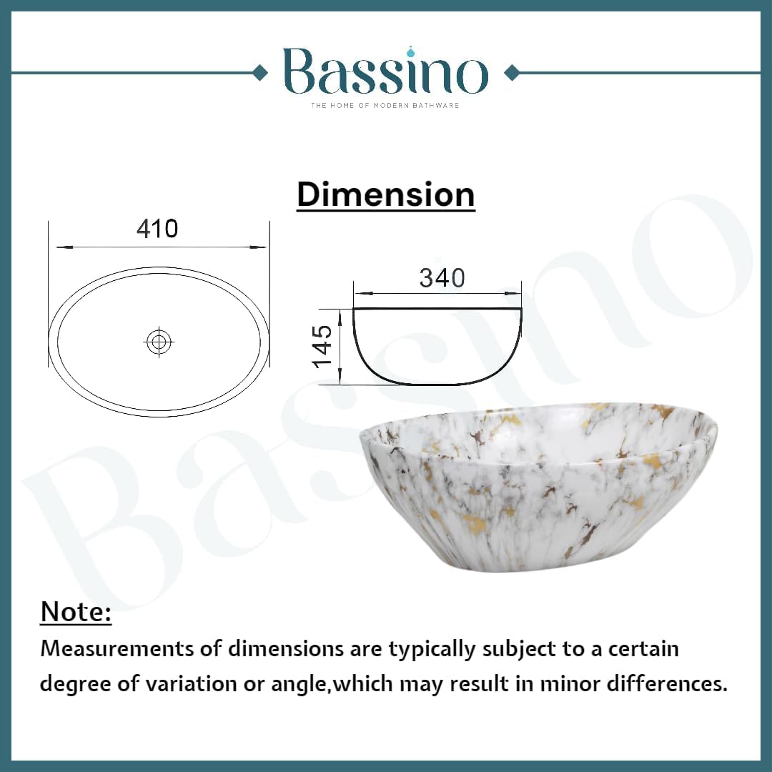 BASSINO 16x13x5.5 Inches Table Top Washbasin/1 Year Warranty/Ceramic Wash Basin for Bathroom/Boat-Cut Shape Counter Top Wash Basin for Dining Hall/Living Room/Tabletop Sink(Mix White Marble) 1