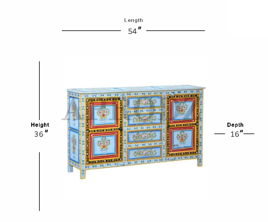 Image of APRODZ Hand-Painted Solid Wood Sideboard Cabinet with 2 Doors & 4 Drawers | Wooden Storage Cabinet for Bedroom Living Room & Kitchen | Crockery Cabinet, Kitchen Storage | Multicolor, 54x16x36 Inches