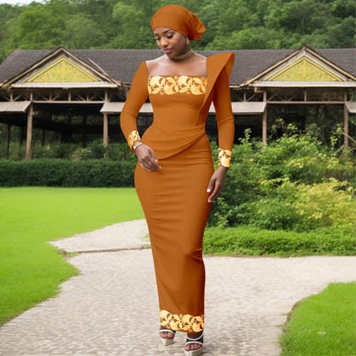 Image of African Dresses for Women High Waist Embroidery Elegant Traditional Midi Dress with Headscarf