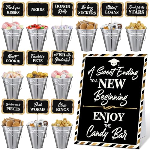 25 Pcs Graduation Candy Buffet Party Decoration Graduation Table Candy Bar Snack Labels Signs and 5\'\' Buckets with Handle for Class of 2026 High School College(Pure Style,Balck and Sliver)