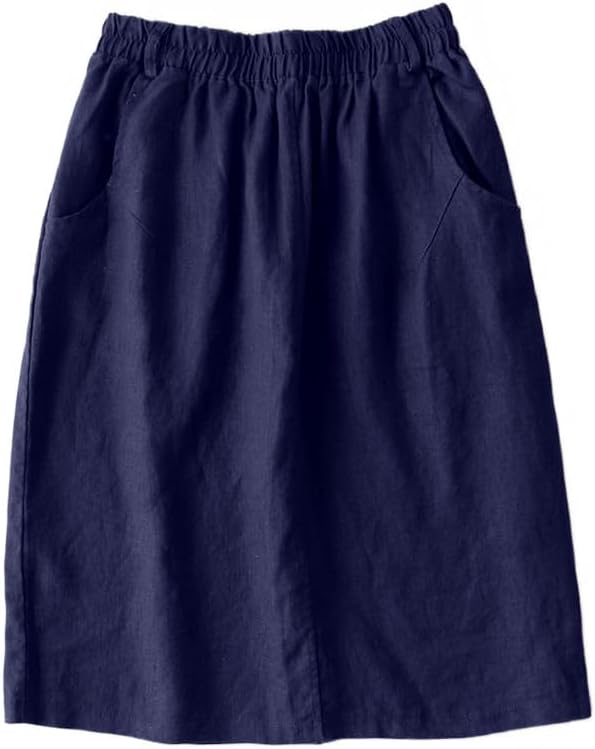 IDEALSANXUN Womens Linen Skirt Spring Summer High Elastic Waist Midi Skirt with Pockets