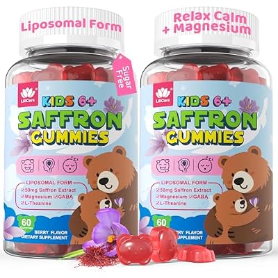 Saffron Magnesium Glycinate Gummies for Kids Mood Relax Sleep Gummies, Liposomal Saffron for Kids Gummies, Organic Saffron Extract Supplements w/ L-Theanine & GABA for Focus Calm - No Melatonin, 120Ct