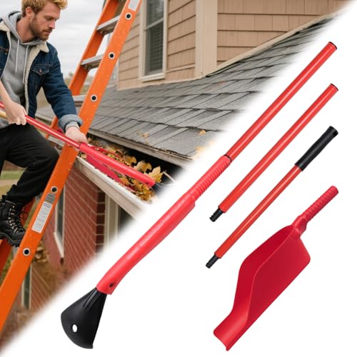 Tryly Gutter Cleaning Kit with Extension Pole, Lightweight Leaf Scoop and Rake for Roof, Gutter Guards, and Drain Debris Removal (3-Piece Adjustable Pole, Durable PP and Aluminum Design)