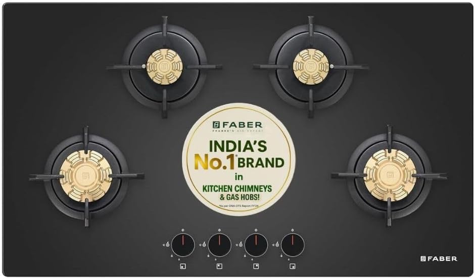 4 Burner 90Cm HOB |Auto Ignition| HOB PRIME HT904 CRS BR CI AI |Metal Knobs| Cast Iron Pan Support|HOB/Cooktop Hybrid|Black Glass Finish |5 Yrs Warranty On Glass,Valve & 2 Yrs On Burner