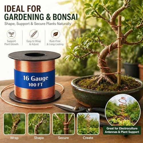 Image of Therwen 100ft 16 Gauge Copper Wire for Gardening, Electroculture, Bonsai, Jewelry Making Beading DIY Craft Pure Bare Copper Wire Spool