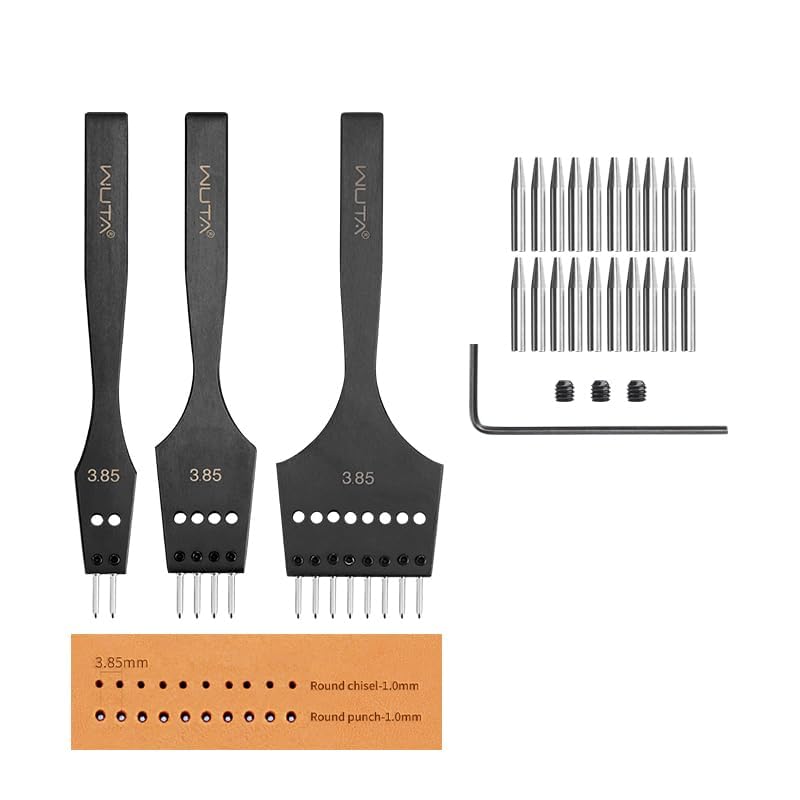 WUTA 3rd Gen Professional Leather Punch Tools, Removable Lacing Stitching Chisel Round Hole Kit for Leather Craft, DIY Belts, Bags, Wallets & Saddlery-3.85mm(2+4+8) Hole