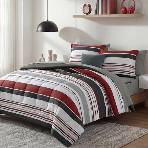 Image of Monbix Queen Comforter Set - 7 Pieces Bed in a Bag Queen, Red and Black-Stripe Bedding Sets, All Seasons Comforter Bed Set with Sheets, Pillowcases & Shams