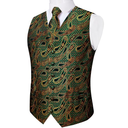 Image of DiBanGu Mens Vest and Tie Set Formal Paisley Waistcoat and Necktie Pocket Square Cufflinks Silk Suit Vest for Tuxedo Wedding