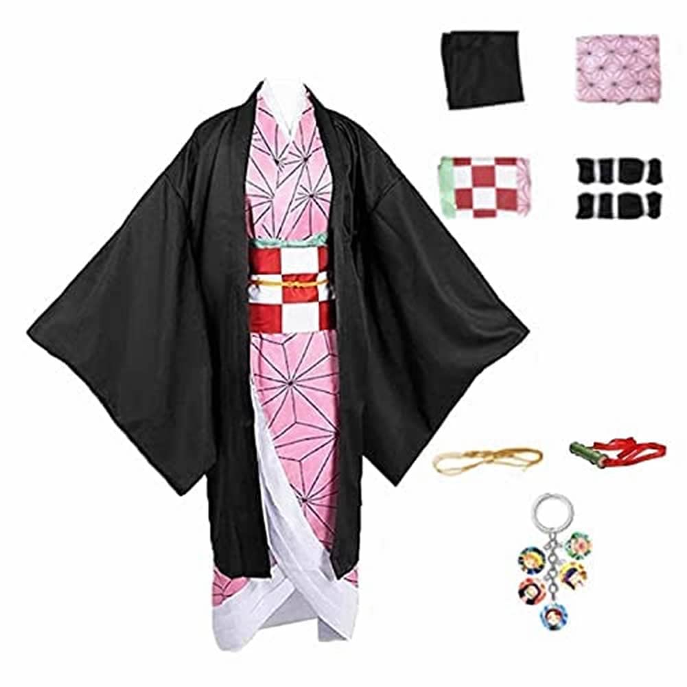 Kamado Nezuko Children Costume Anime Cosplay Dress Suit Full Set + Kamado Tanjirou Keychain (140)