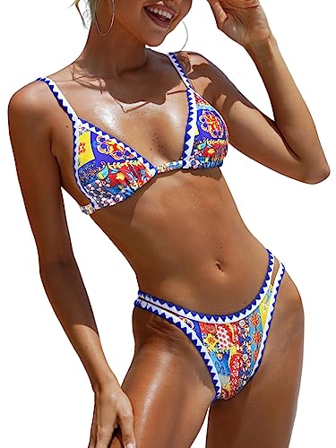 Image of BIKINX Womens Swimsuits Sexy Thong Micro Bikini Ditsy Floral Two Piece Sets Bathing Suit Color Block Bandeau Swim Top