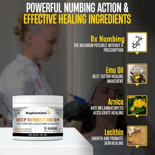 Deep Numbing Cream for Piercing, Injections& Tattoos, Fast Numbing for Waxing, 7 Hours Maximum Strength Numbing Cream for Injections, 8x Numbing with Emu Oil and Arnica. 30ml/1floz