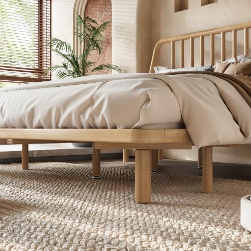 Image of Bellemave Queen Bamboo Bed Frame with Slatted Slanted Headboard,Natural