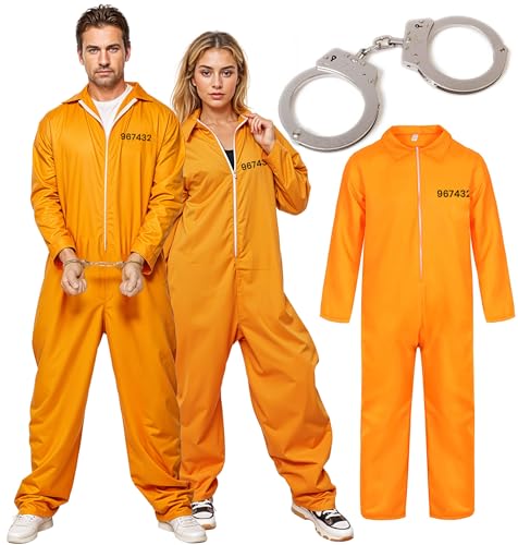 Combinaison orange unisexe avec menottes : déguisement de prisonnier pour adulte
