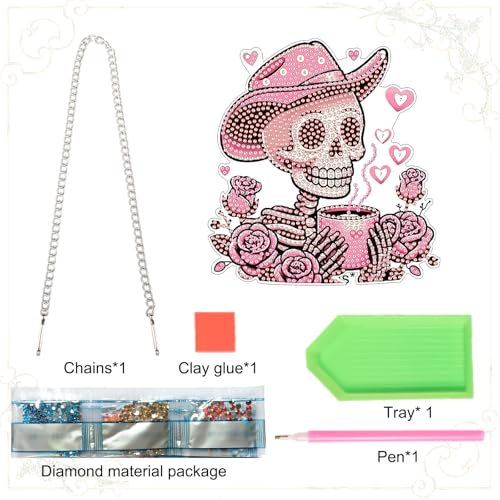 Image of AiYuanzsh DIY 5D Diamond Art Hanging Rose Skull, Pink Skeleton Wall and Door Pendant, Diamond Painting Ornament with Rhinestones for Halloween, Western, Valentine's Day Home Decor