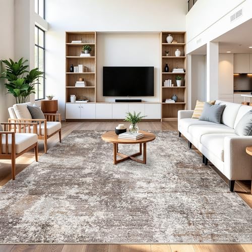 7x10 Living Room Area Rug – Washable Non-Slip Soft Carpet for Bedroom Dining Room,Modern Neutral Abstract Low Pile Stain-Resistant Rug(Brown Beige,7x10)