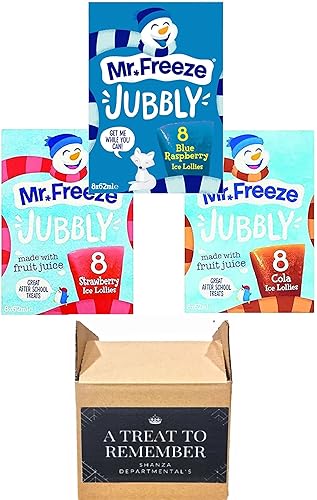 Mr Freeze Ice Jubbly Ice Lollies Pack of 3 | (Blue Raspberry, Strawberry & Cola) Made WIth Fruit Juice, Total 24 x 62ml | By SHANZA DEPARTMENTAL'S