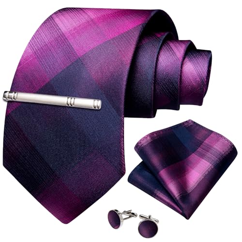 Image of DiBanGu Plaid Ties for Men Silk Checkered Necktie and Pocket Square Cufflinks Tie Clip Set with Gift Box for Wedding Business
