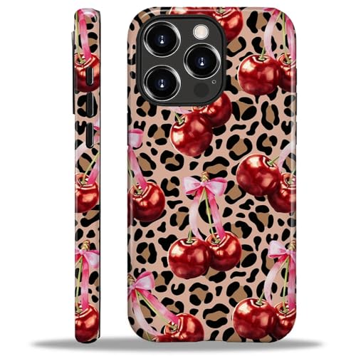 ilikediy for iPhone 16 Pro Max Case,HL2 Aesthetic Leopard Cherry Bow Hybrid 2 Layer Hard Shell Silicone Protective Pattern Design Case
