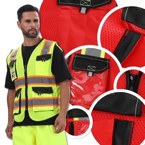 Image of JKSafety Hi Vis Reflective Safety Vests for Men Women High Visibility Vest with Pockets Mesh Fabric Construction Safety Apparel Neon Vest for Work (220-Red 3XL)