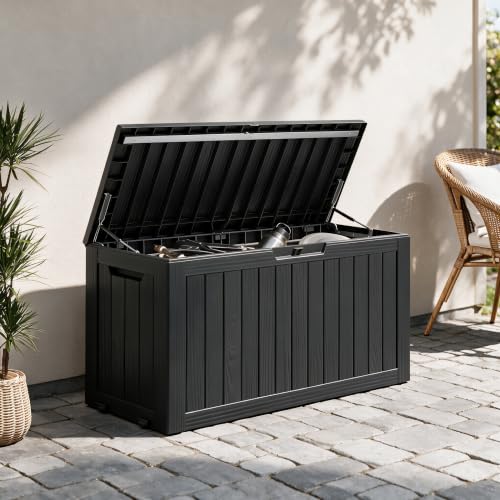 Image of 92 Gal Deck Box,Waterproof Resin Outdoor Storage Gas Lift,Lockable Black