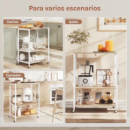 WOLTU Estantería de Cocina con Ruedas, Carrito Auxiliar con Estanteria Almacenaje 3 Niveles, Carro Cocina con 4 Ganchos, Estante de Microondas, Marco Metalico, Blanco + Roble Claro, 60x40x82,5 cm - imagen 7