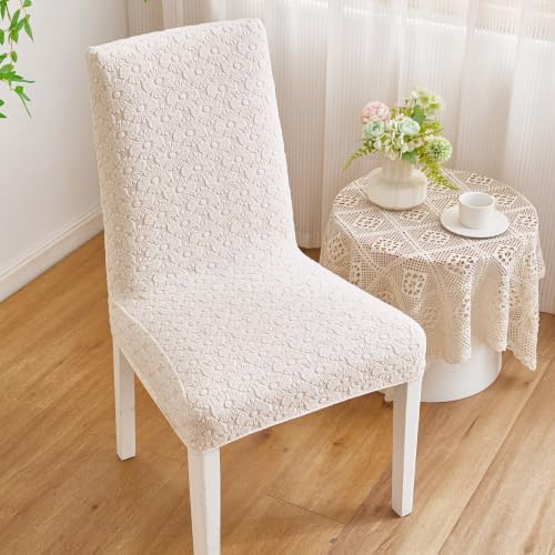 Image of HOMETHREADS Elastic Jacquard Chair Cover Stretch Removable Washable Short Dining Chair Cover Protector Seat Slipcover (D Cream, Pack of 2)