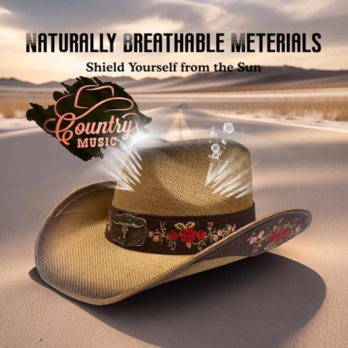 Image of Cowboy Hats for Women, Brown Cowgirl Hats Classic Straw Western Hats for Women Music Festival Party Beach.