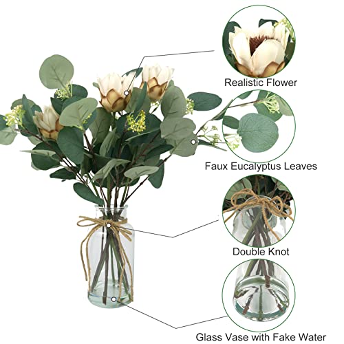 Hisow Artificial Eucalyptus Leaves in Glass Vase, 16.1" Eucalyptus Leaves Green Branches 7 Branches Faux Greenery Stems for Home Office Farmhouse Wedding Centerpiece Décor (White) by Hisow - Image 2