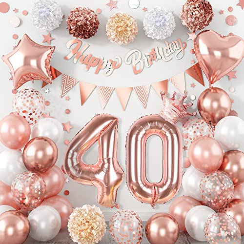 40 Geburtstag Frauen Deko, Roségold Konfetti Luftballon 40. Geburtstagsdeko mit Happy Birthday Girlande Banner Wimpelkette Runde Papier Girlande Pompons für 40 Jahr Frau Geburtstagsgeschenk Dekoration Cover