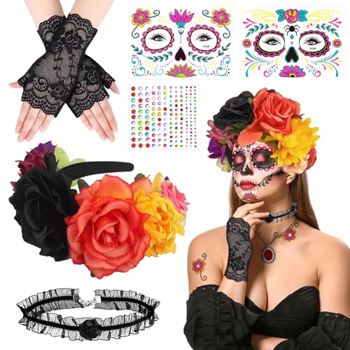 MITTRICH Diadema de Flores Día de los Muertos Mujer, Tocado Mexicano con Rosas Rojas y Negras, Tatuajes Temporales, Accesorio de Disfraz para Halloween, Carnaval y Fiestas Temáticas