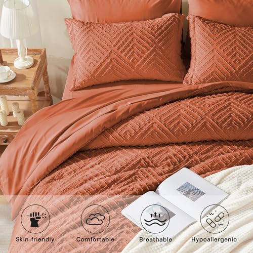 Image of Zzlpp Full Comforter Set 7 Pieces, Burnt Orange Tufted Bed in a Bag with Comforter, 2 Pillow Shams, 2 Pillowcases, 1 Flat Sheet, 1 Fitted Sheet