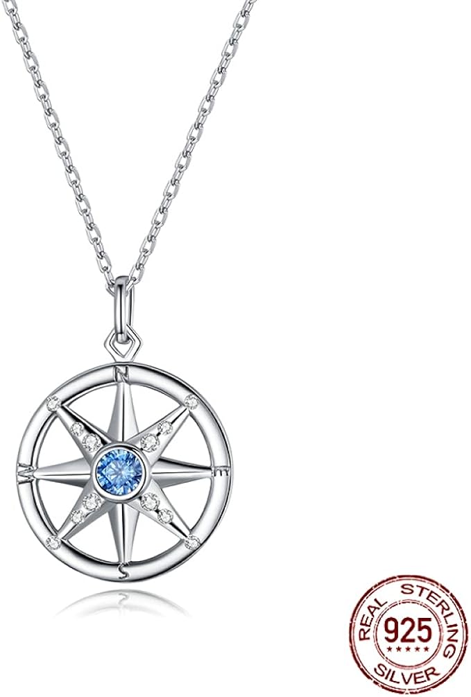 Silver Compass Necklace 925 Sterling Silver For Women Love Pendant Necklaces Gift For Girl Fine